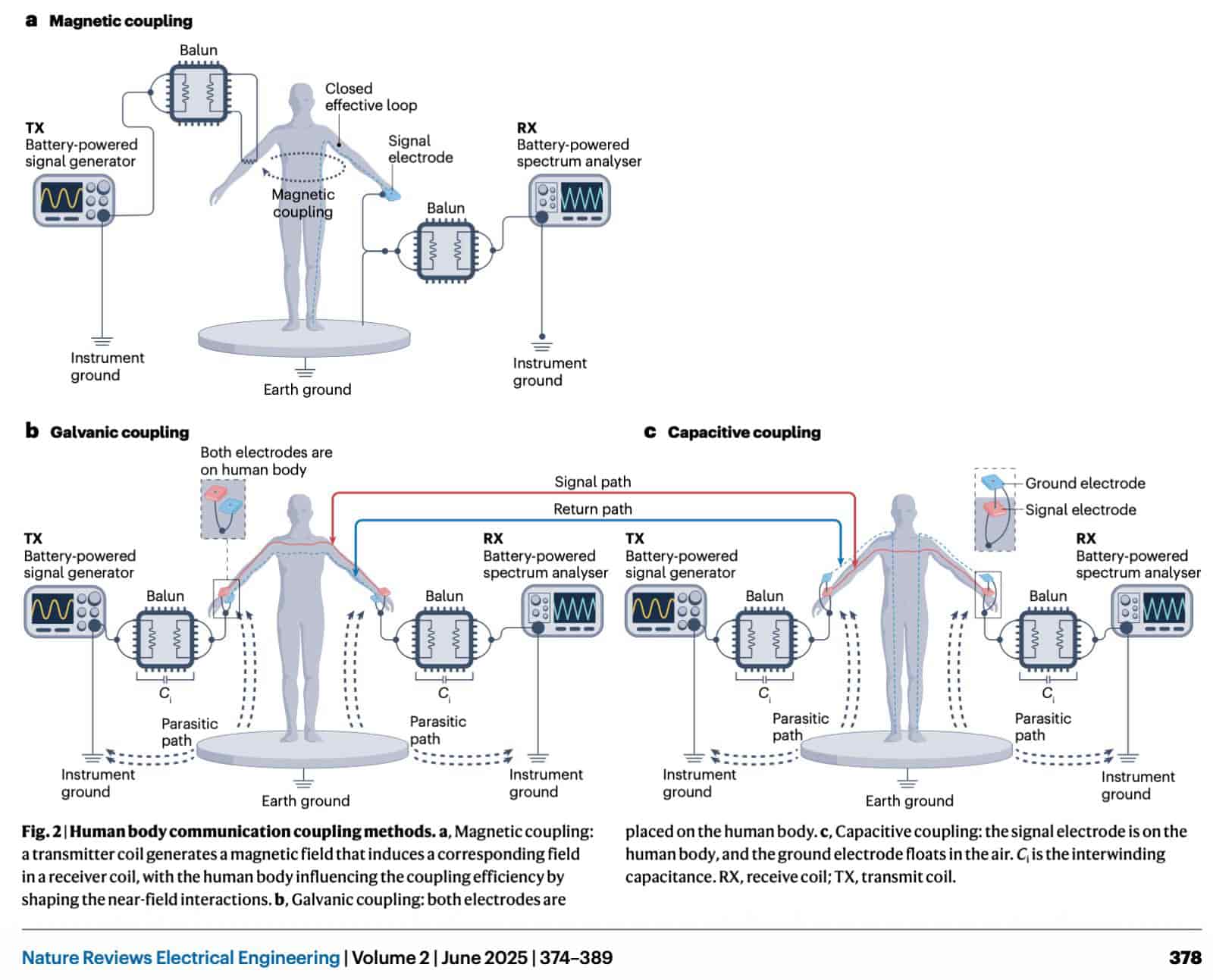 Human body communication coupling methods: (a) magnetic coupling via induced near-field loops, (b) galvanic coupling with both electrodes on the body, and (c) capacitive coupling where the ground electrode floats in the air. (Nature Reviews Electrical Engineering, 2025.)
